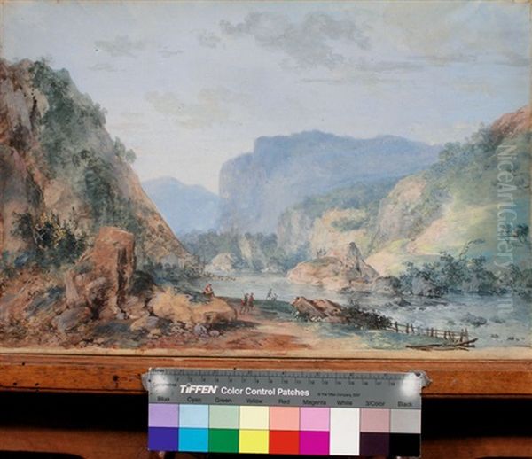 Paysage Rocheux Et Boise A La Riviere Avec Villageois Au Repos Et En Chemin Oil Painting by Francesco Foschi