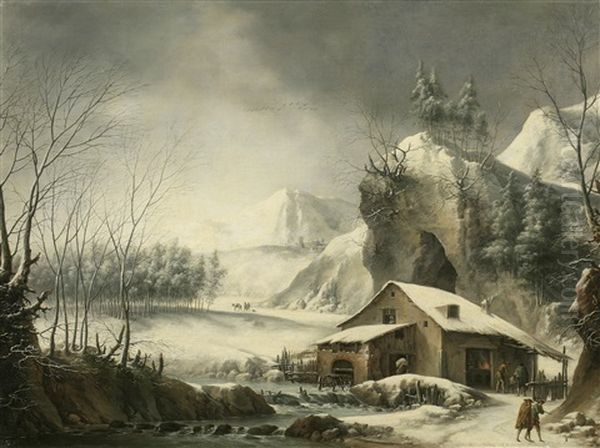 A Winter River Landscape With Figures Before A Mill Oil Painting by Francesco Foschi