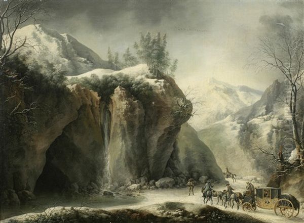 A Rocky Winter Landscape With Elegant Figures In A Horse-drawn Carriage Oil Painting by Francesco Foschi