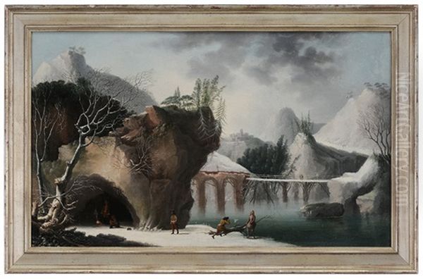 Frozen Landscape, With Figures By A Fire In A Cave Oil Painting by Francesco Foschi