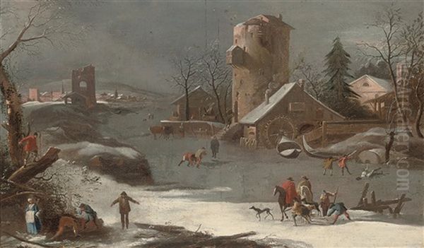 A Winter Landscape With Skaters On A Frozen River And A Town Beyond Oil Painting by Francesco Foschi