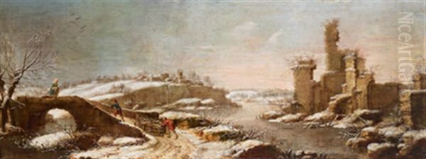 Winterlandschaft Mit Einem Verfallenen Kastell Und Holzfallern, Die Einen Beladenen Schlitten Ziehen Oil Painting by Francesco Foschi