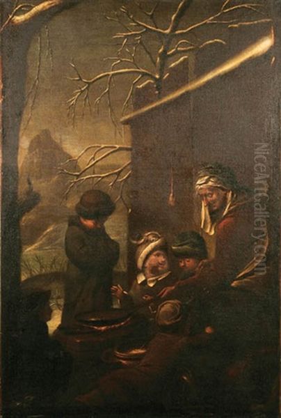 Peasants Cooking On Open Fire In Winter Landscape Oil Painting by Francesco Foschi