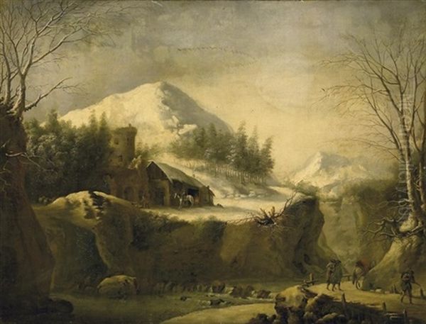 Winter Im Gebirge. Blick Auf Eine Poststation Mit Schmiede, Vorn Reisende Auf Einem Pfad Oil Painting by Francesco Foschi