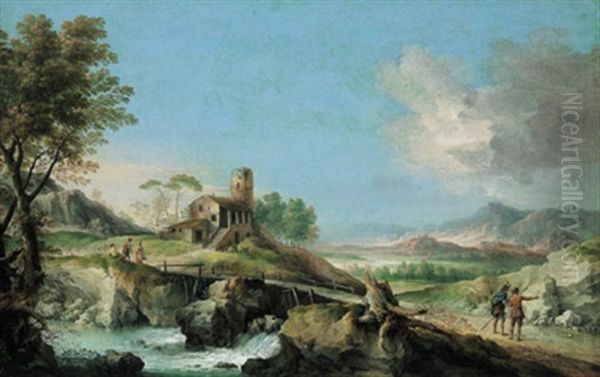 Weite, Gebirgige Flusslandschaft Mit Einem Sturzbach Und Figuren Oil Painting by Francesco Foschi