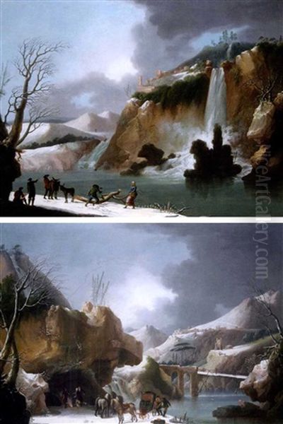 Paysage D'hiver Avec Attelage Embourbe (+ Paysage D'hiver Avec Villageois Coupant Du Bois; Pair, Collab. W/workshop Of Francesco Foschi) Oil Painting by Francesco Foschi