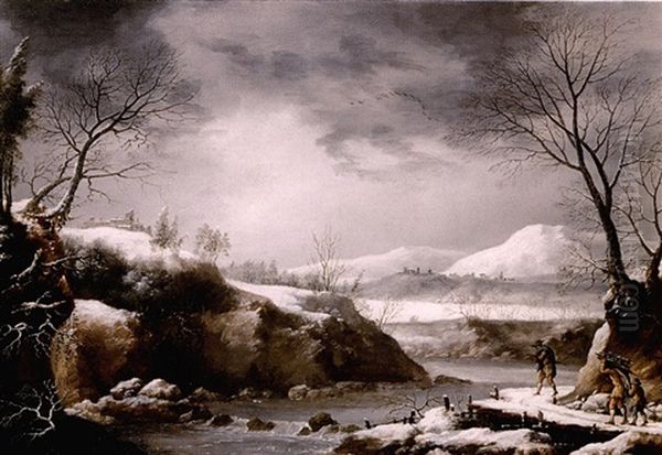 A Winter Landscape With Figures Carrying Wood Beside A River Oil Painting by Francesco Foschi