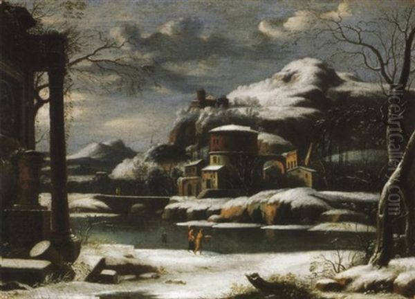 Vizparti Taj Telen (waterside Landscape In Winter) Oil Painting by Francesco Foschi