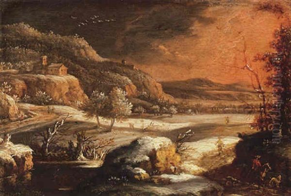 A Winter Landscape With A Horseman On A Track At Sunset Oil Painting by Francesco Foschi