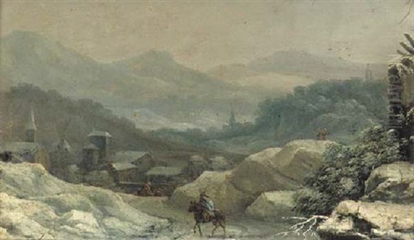 A Winter Landscape With Horse And Rider On A Track Oil Painting by Francesco Foschi