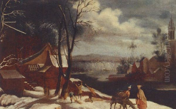 A Winter River Landscape With A Traveller, Donkey And Faggot Gatherers On A Track by Francesco Foschi