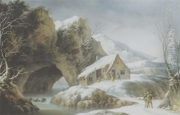 Paysans Pres D'une Chaumiere Dans Un Paysage De Montagnes Enneigees Oil Painting by Francesco Foschi