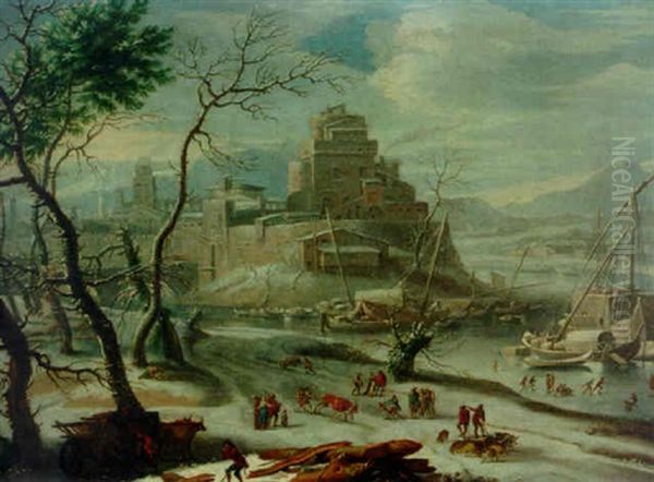 A View Of An Italian Walled Town In Winter (verona?) Oil Painting by Francesco Foschi