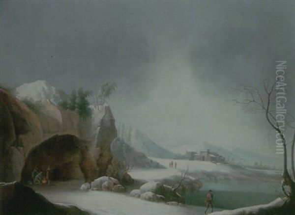 A Winter Landscape With Travellers Gathered Around A Fire In A Grotto, Overlooking A Lake, A Monastery Beyond Oil Painting by Francesco Foschi