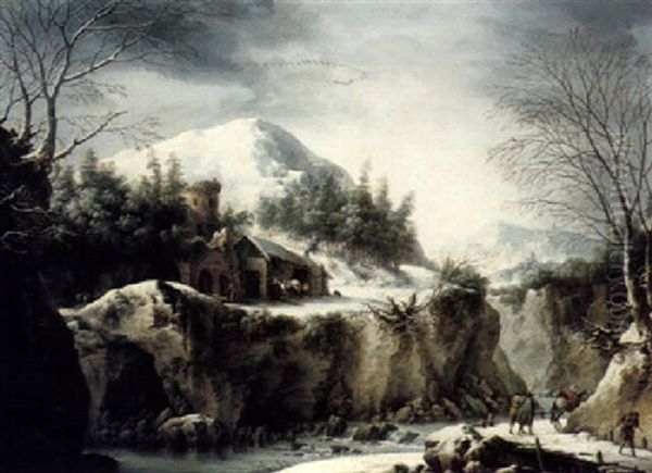 A Winter Landscape With Figures On A Mountain Path, A Castle Ruin In The Centre Ground And A City Beyond Oil Painting by Francesco Foschi