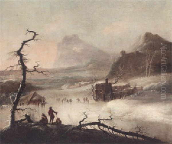 A Winter Landscape With Skaters On A Frozen Lake Oil Painting by Francesco Foschi