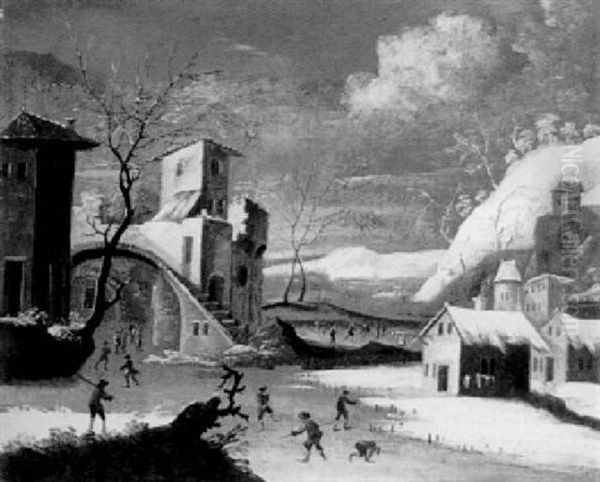 Winter Landscape With Skaters By A Village Oil Painting by Francesco Foschi