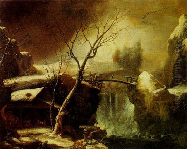 Rocky Winter Landscape With A Peasant Cutting Wood By A Waterfall Oil Painting by Francesco Foschi