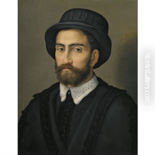 Portrait Of A Man, Bust Length, Wearing A Black Coat And Hat Oil Painting by Pier Francesco Di Jacopo Foschi