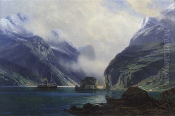 Morgendliche Fjordlandschaft Mit Dampfer Auf Reede Oil Painting by Harald Frederick Foss