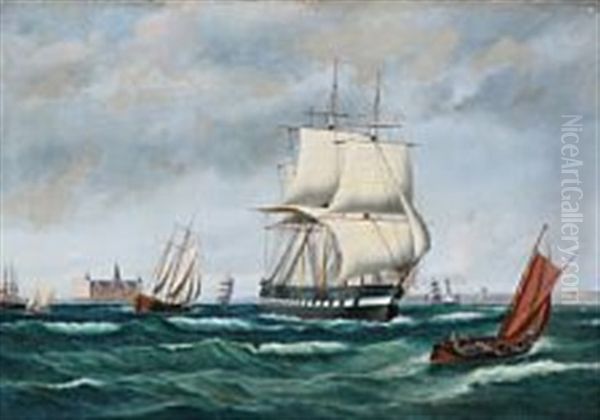 Sailing Ships At Sea With Kronborg Castle In The Background Oil Painting by Peder Nielsen Foss