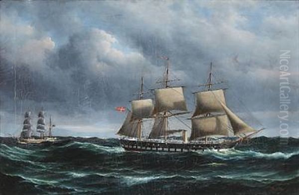 Seascape With The Frigate Jylland On Open Sea Oil Painting by Peder Nielsen Foss