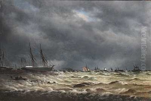 Marine Med Skibe Pa Bedding, Uvejrshimmel Oil Painting by Peder Nielsen Foss