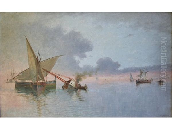 Caulking Fishing Boats, Probably In The Gulf Of Spezia Oil Painting by Agostino Fossati