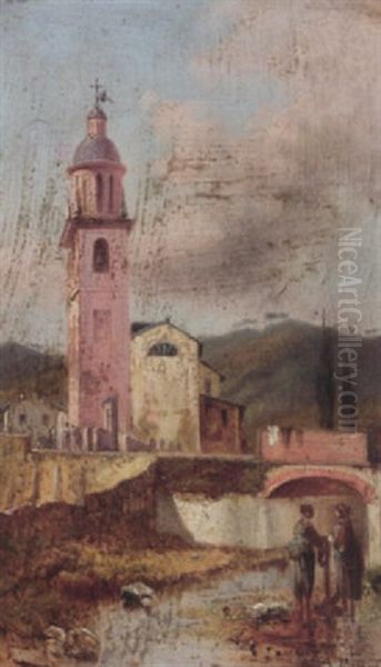 Washerwomen Before The Church Of St. John The Baptist Near Spezia Oil Painting by Andrea Fossati