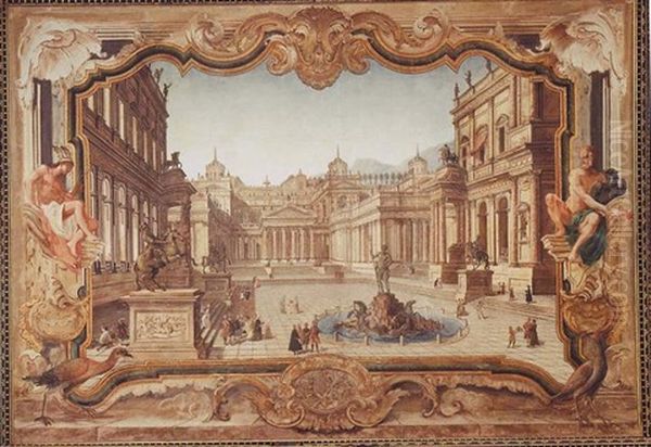 A Stage Set: Figures In The Courtyard Of A Fantastical Roman Palace, With A Fountain Of Neptune At The Center And The Figures Of Mercury And Jupiter Within A Baroque Framework Oil Painting by Domenico Fossati