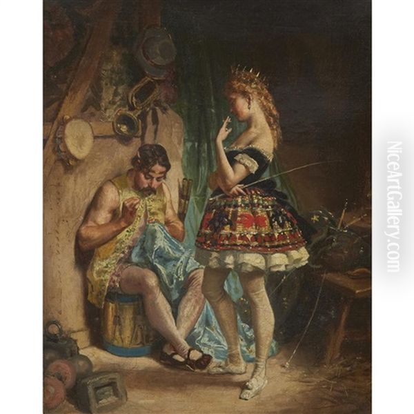 Mending The Garment Oil Painting by Charles Alexandre Coessin de la Fosse