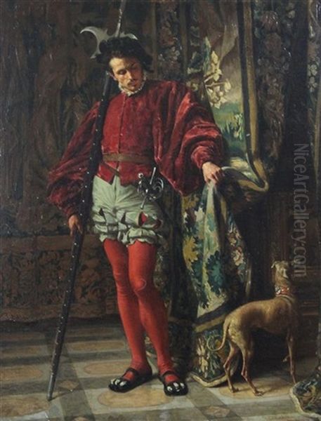 Florentine Guardsmen And A Hound Beside A Doorway Oil Painting by Charles Alexandre Coessin de la Fosse