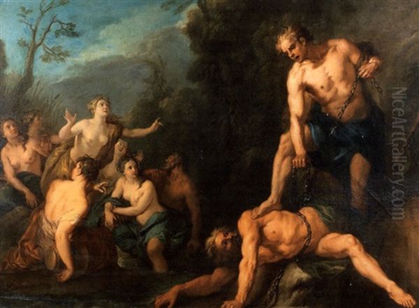 Mythologishce Szene -  (die Fesselung Des Prometheus) Oil Painting by Charles de La Fosse