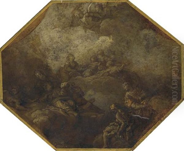 A Flying Angel Bringing A Palm Frond To A Pope, A Bishop And Martyr Saints Seated On Clouds Oil Painting by Charles de La Fosse