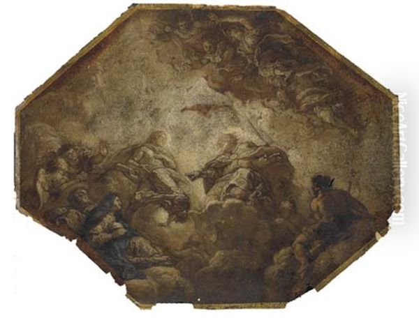 The Trinity With Saint Teresa And Other Figures On Clouds, Angels Flying Above Oil Painting by Charles de La Fosse