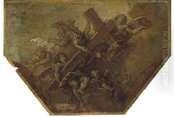 Three Angels And Putti Carrying The Cross And The Instruments Of The Passion Oil Painting by Charles de La Fosse