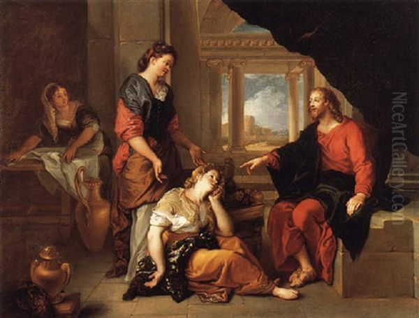 Christ In The House Of Martha And Mary Oil Painting by Charles de La Fosse