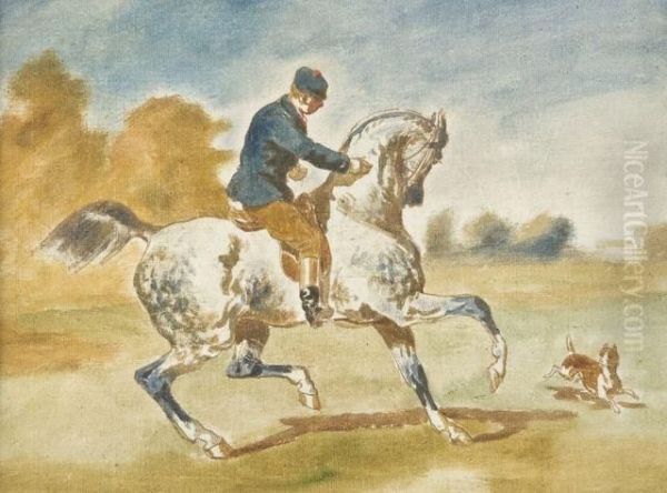 Cavalier Sur Un Cheval Gris Pommele Et Son Chien Oil Painting by Jonny Audy