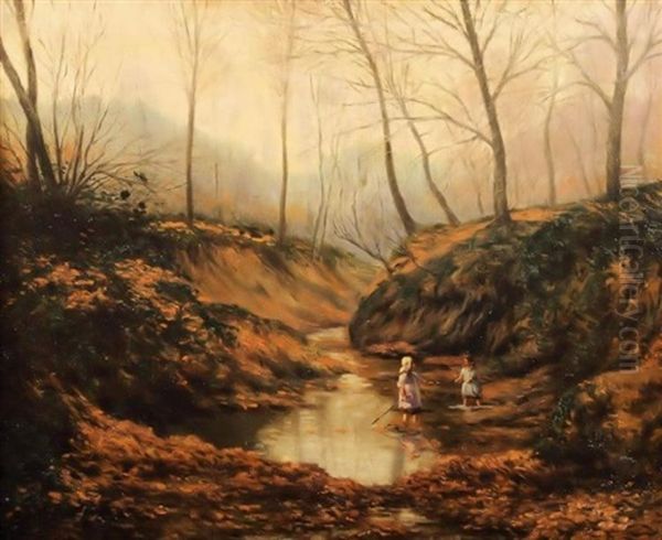 Girls Playing In Brook Oil Painting by Ben Foster