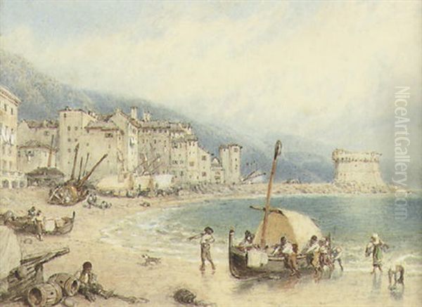 The Beach At Menton Oil Painting by Myles Birket Foster