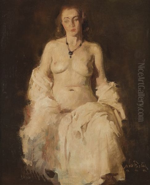 The Necklace, Sitting Female Nude Oil Painting by William Frederick Foster