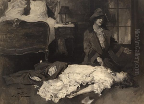 Woman Kneeling Over An Unconscious Woman In An Interior Oil Painting by William Frederick Foster