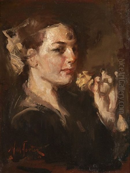 Woman With Flower Oil Painting by William Frederick Foster