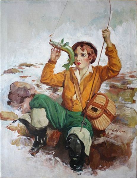 Woman Trying To Unhook A Fish (magazine Cover Illus.) by William Frederick Foster