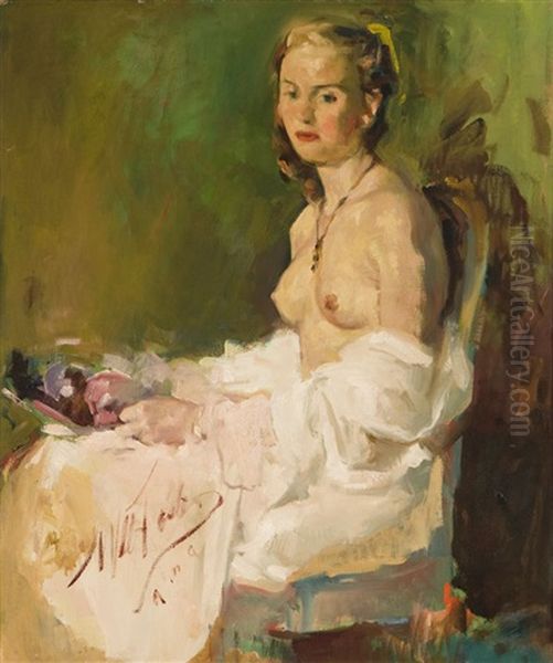 Portrait Of A Nude Women Seated And Holding Flowers Oil Painting by William Frederick Foster