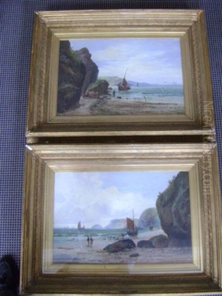 Coastal Landscapes With Sailing Vessels And Fisherfolk (pair) Oil Painting by William Gilbert Foster