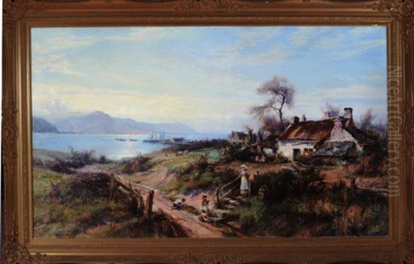 A Coastal Scene With A Mother And Children Outside A Cottage And Shipping In The Middle Distance Oil Painting by William Gilbert Foster