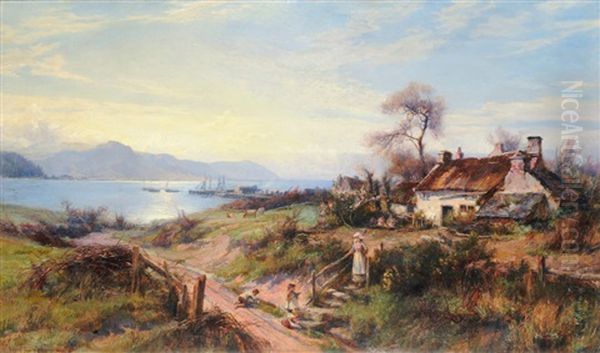 Mother And Children On A Country Lane, Fishing Boats On The Conway Estuary In The Distance Oil Painting by William Gilbert Foster