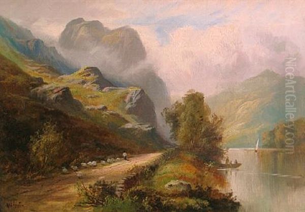 A Mountainous Landscape With A Shepherd And His Flock On A Track By A River Oil Painting by William Gilbert Foster