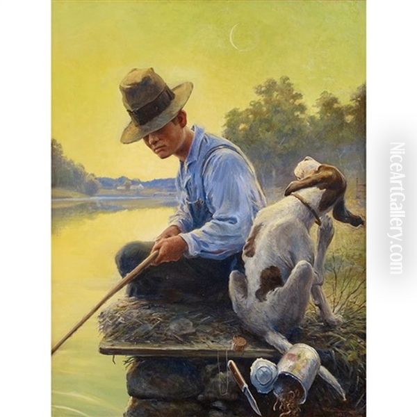 Fishing On The Bank Oil Painting by William Harnden Foster